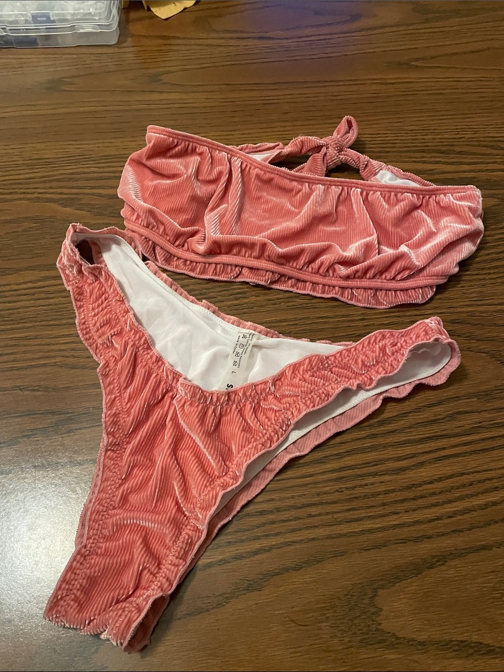 SHEIN Coral Pink Velvet Ruched Bandeau Bikini Set - Picture 3 of 3